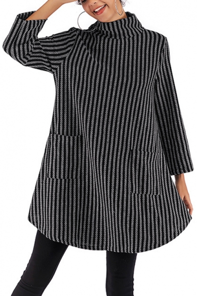 Warm Long Sleeve Mock Neck Plain Oversize Sweater with Pockets