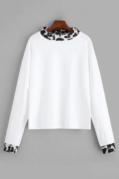 

White Fashion Contrast Leopard Pattern Trim Crewneck Long Sleeve T-Shirt