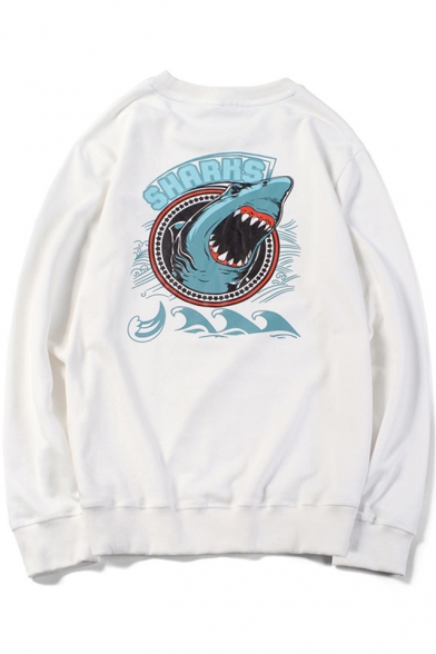 White Shark Printed Long Sleeve Round Neck Relaxed Sweatshirt for Men