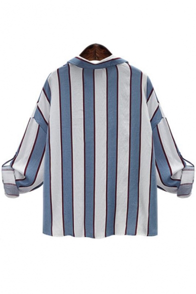 Women's Long Sleeve Lapel Collar Striped Print Loose Stylish Button Down Shirt