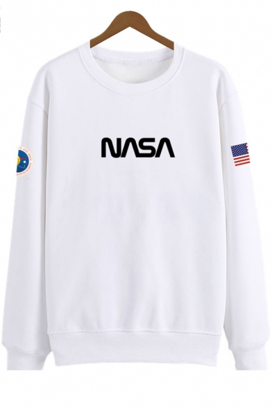American Flag Letter NASA Printed Round Neck Long Sleeve Casual Sweatshirt