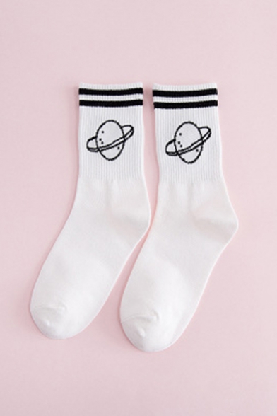 Calf High Striped Universe Printed Cotton Warm Sock