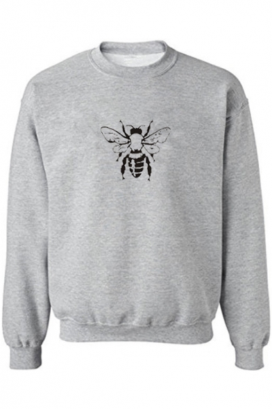 Cartoon Bee Printed Long Sleeve Round Neck Casual Gray Sweatshirt for Guys