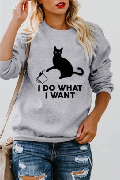 Cartoon Cat Letter I DO WHAT I WANT Printed Leisure Crewneck Long Sleeve Sweatshirt