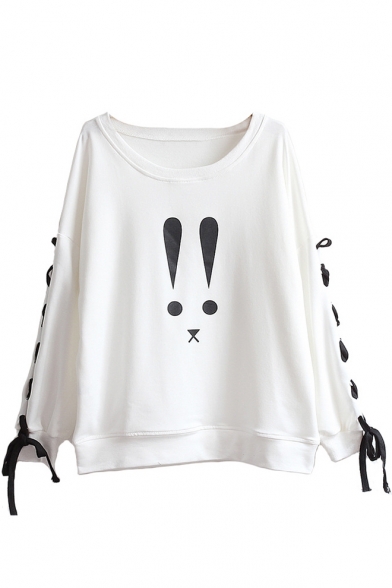 Cartoon Rabbit Printed Long Sleeve Round Neck Lace Up White Sweatshirt