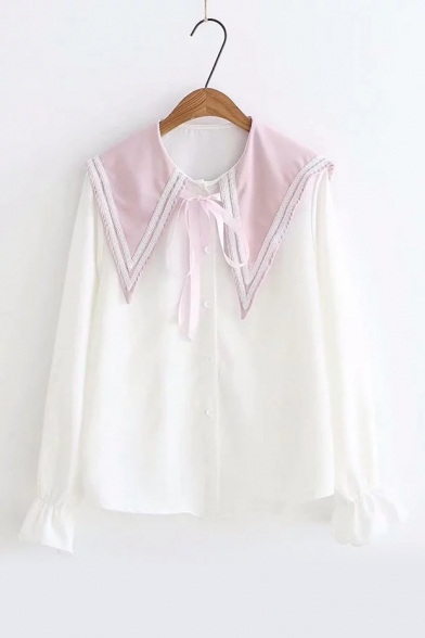 Chic Bow Tied Sailor Collar Fashion Colorblock Bell Cuff Button Front Shirt