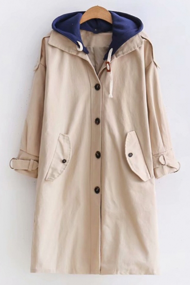 Colorblock Long Sleeve Single Breasted Tunics Trench Coat