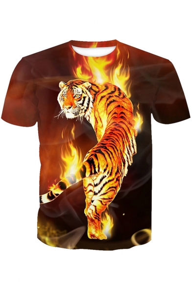 Hot Popular 3D Fire Tiger Printed Crewneck Short Sleeve Pullover Yellow T-Shirt