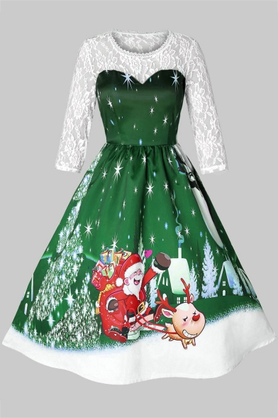 Long Sleeve Lace Patched Round Neck Santa Claus Printed Midi A-Line Dress