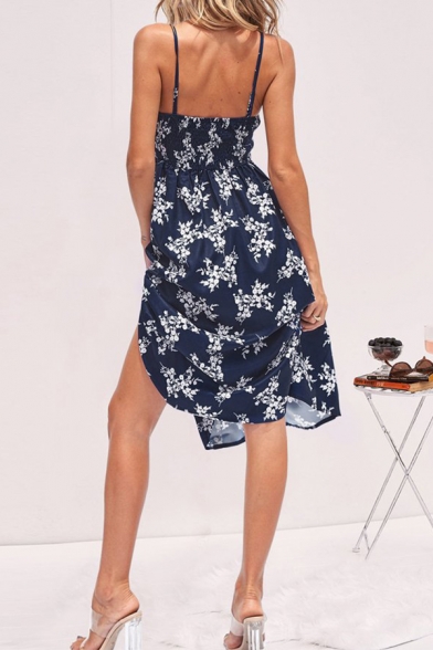 Hot Sexy Straps V Neck Tie Front Floral Printed Midi A-Line Dress