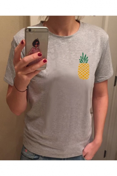 Leisure Pineapple Printed Short Sleeve Round Neck Slim Tee