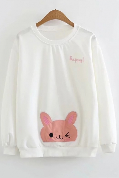 Letter HAPPY Cartoon Cat Bunny Embroidered Long Sleeve Round Neck Sweatshirt