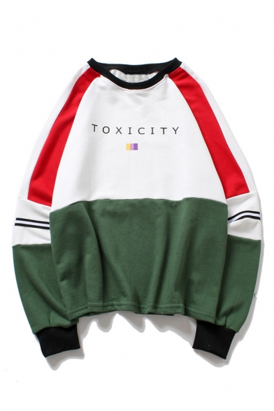 

Letter TOXICITY Print Fashion Colorblock Round Neck Long Sleeve Sweatshirt, Blue;green;yellow