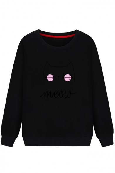 Long Sleeve Winter's New Arrival Round Neck Cartoon Cat Letter Printed Relaxed Sweatshirt