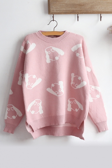 Lovely All Over Cartoon Dog Jacquard Crewneck Long Sleeve Pullover Sweater