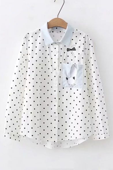 Lovely Cartoon Cat Embroidered Pocket Chest Polka Dot Printed Lapel Collar Long Sleeve White Shirt