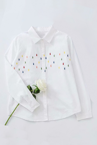 New Arrival Chic Raindrop Embroidered Lapel Collar Long Sleeve White Button Down Shirt
