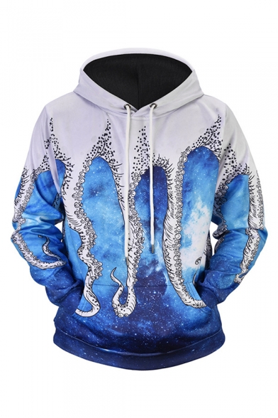 New Trendy 3D Pattern Long Sleeve Relaxed Casual Blue Hoodie