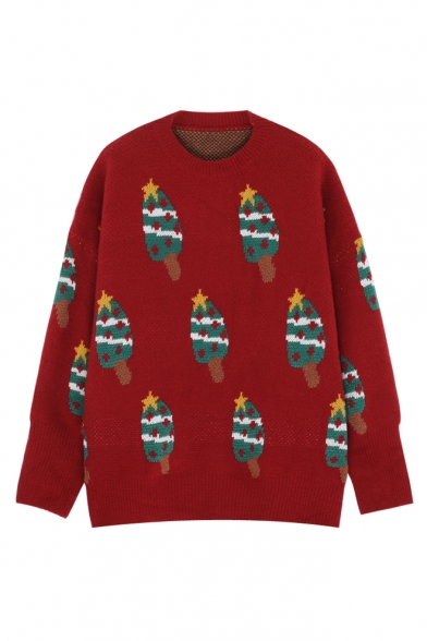 Oversize Long Sleeve Round Neck Christmas Tree Printed Tunics Sweater