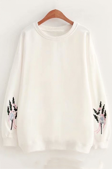 Oversize Long Sleeve Round Neck Flamingo Embroidered Casual Sweatshirt