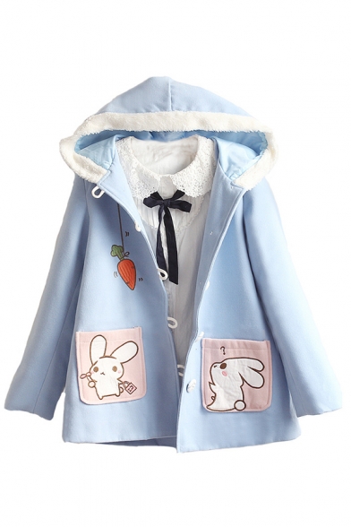 Single Breasted Carrot Bunny Embroidered Long Sleeve Blue Woolen Hooded Coat