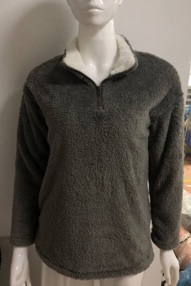Street Style Half Zip Front Long Sleeve Plain Faux Fur Warm Sweatshirt