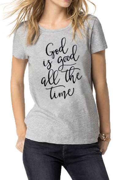 Stylish Short Sleeve Round Neck Letter GOD IS GOOD ALL THE TIME Printed Gray Cotton T-Shirt