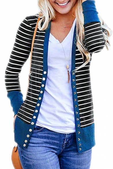 Trendy Blue Button Front Long Sleeve Striped Patchwork Knitted Cardigan for Women