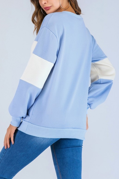 Trendy Letter MAYBE Print Two-Tone Crewneck Long Sleeve Blue Sweatshirt