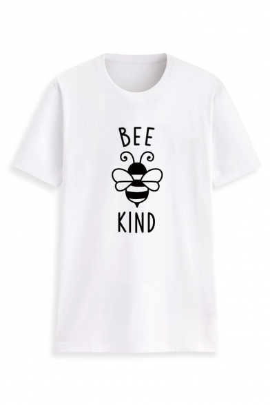 Trendy Modal White BEE KIND Cartoon Print Crew Neck Short Sleeves Casual Tee