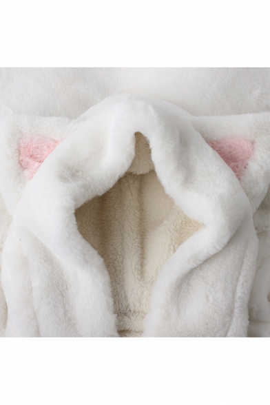 Winter's New Arrival Long Sleeve Cartoon Cat Ear Plain Regular Fitted Fleece Coat