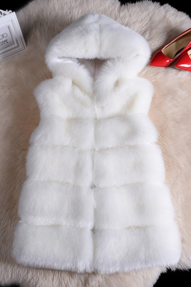 Winter's Trendy Warm Faux Fox Mink Hair Hooded Sleeveless Solid Vest Coat