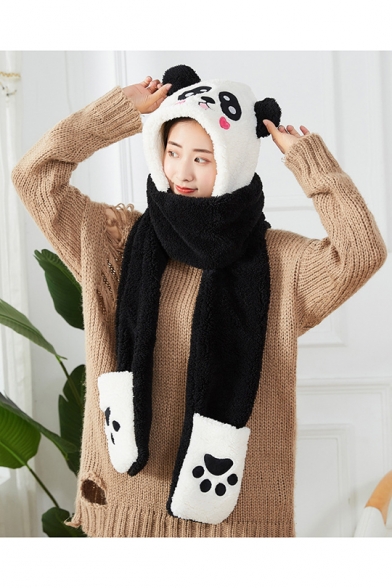 Winter's Warm Cartoon Panda Design Woolen Gloves Earflap Hooded Scarf Head scarf