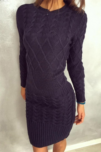 Women's New Arrival Round Neck Long Sleeve Solid Cable-Knitted Mini Sheath Sweater Dress
