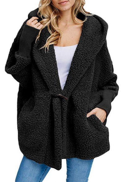 Women's Winter Shearling Hooded Long Sleeve Single Toggle Solid Warm Coat