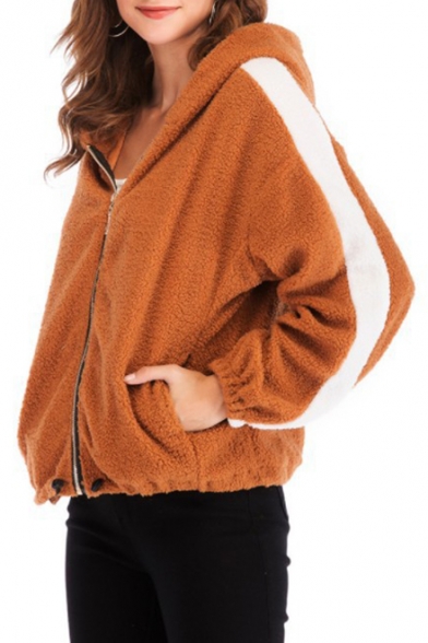 Women Winter Warm Fuzzy Striped Long Sleeve Hooded Zip Up Fleece Coat Camel