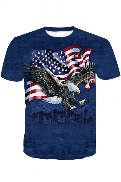 3D Blue America Flag Eagle Print Short Sleeve Fitted T-Shirt for Men