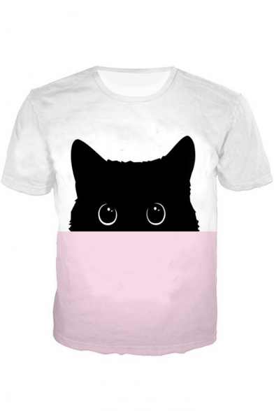 3D Cat Printed Short Sleeve Round Neck Colorblock Pink Tee for Men