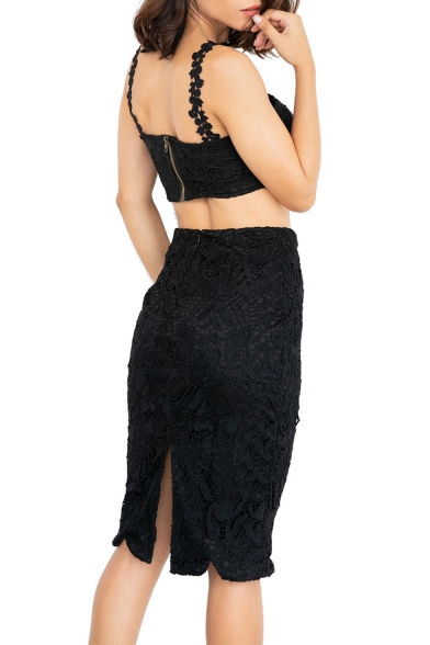 Chic Lace Straps Cropped Cami Top Split Back Midi Pencil Skirt Trendy Sexy Co-ords for Women
