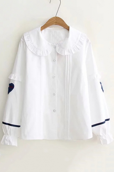 Chic Ruffle Hem Peter-Pan Collar Long Sleeve Heart Embroidered White Button Shirt