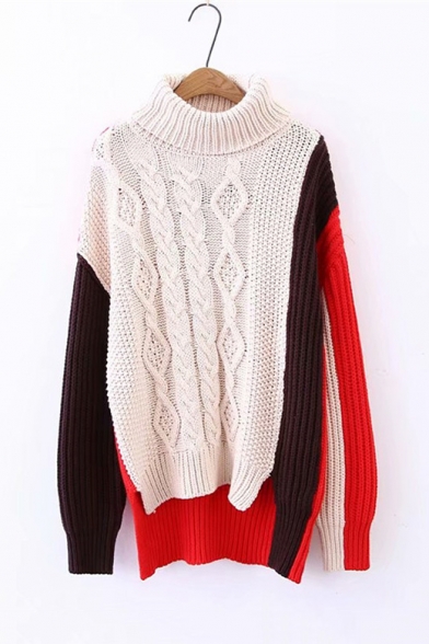 Colorblock Long Sleeve High Neck Cable High Low Asymmetrical Relaxed Sweater
