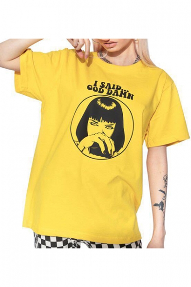 Cool Short Sleeve Round Neck Character Letter I SAID COD DAMN Printed Relaxed Unisex Yellow Tee