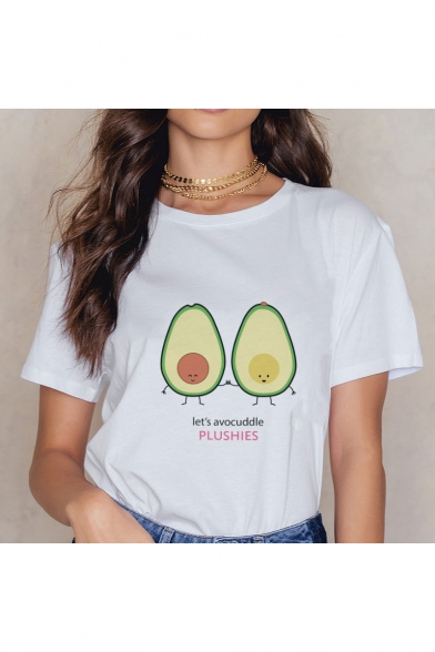 Cute Avocado Letter LET'S AVOCUDDLE PLUSHIES Printed Short Sleeve Round Neck White Relaxed Tee