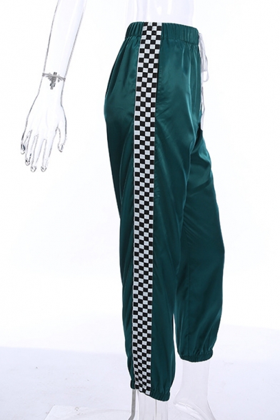 Elastic Drawstring Waist Plaid Print Webbing Side Green Sports Jogger Pants
