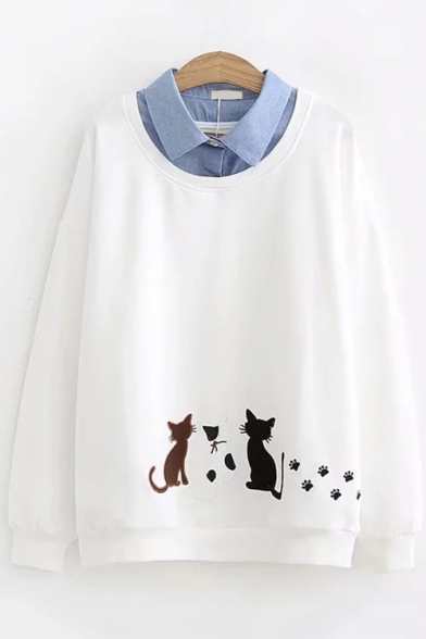 Fake Two Piece Long Sleeve Lapel Collar Cat Embroidered Casual Sweatshirt
