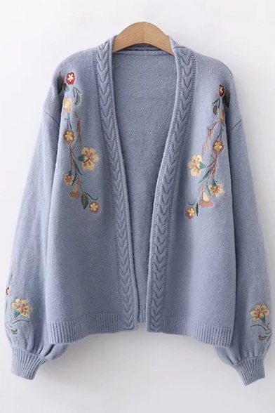 Colourful Womens Embroidery Loose Open Front Mid-Long Lantern Sleeve Knit Cardigan 