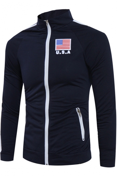Fashion Letter USA American Flag Print Chest Stand Collar Long Sleeve Fitted Navy Zip Sweatshirt