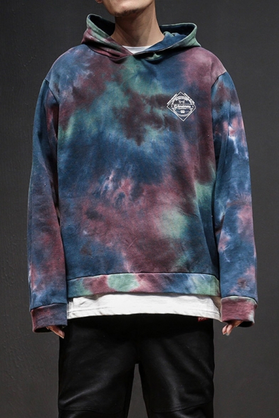 Guys New Stylish Fashion Tie Dye Letter Logo Printed Long Sleeve Relaxed Fit Pullover Hoodie
