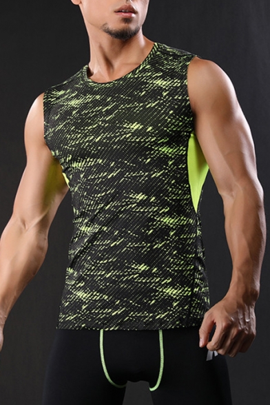 Guys Summer Stylish Printed Sleeveless Quick-Dry Gym Workout Slim Fit Tank Top