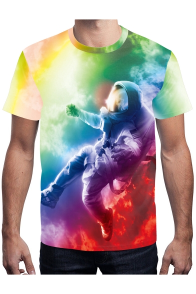 Hot Popular 3D Astronaut Printed Crew Neck Short Sleeve Basic Casual T-Shirt